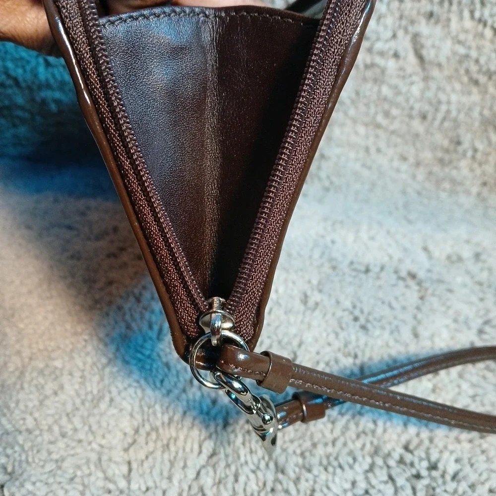 Coach Signature C Wristlet Khaki Tan Cloth Brown Patent Leather Silver No Cracks
